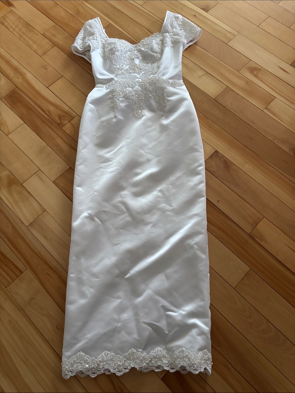 White Satin Lace-Accent Off-Shoulder Gown